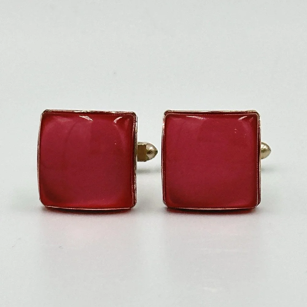 Vintage Gold Tone Glass Stone Vibrant Pink Men's Cufflinks Mid century